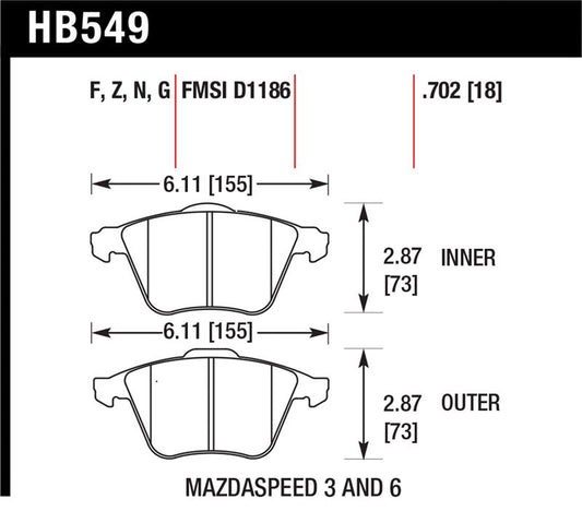 Hawk Performance HB549N.702 Hawk 07-08 Mazdaspeed3/06-07 Mazdaspeed6 HP+ Street Front Brake Pads