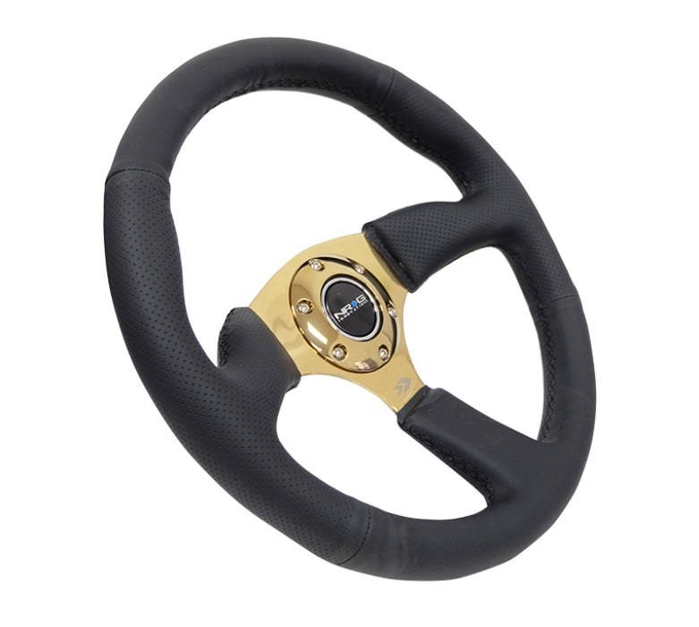 NRG RST-023GD-R Reinforced Steering Wheel (350mm / 2.5in. Deep) Leather Race Comfort Grip w/4mm Gold Spokes
