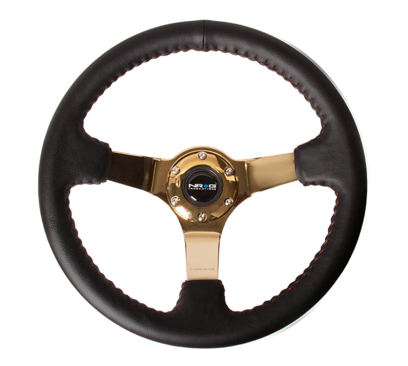 NRG RST-036GD Reinforced Steering Wheel (350mm / 3in. Deep) Blk Leather/Red BBall Stitch w/4mm Gold Spokes