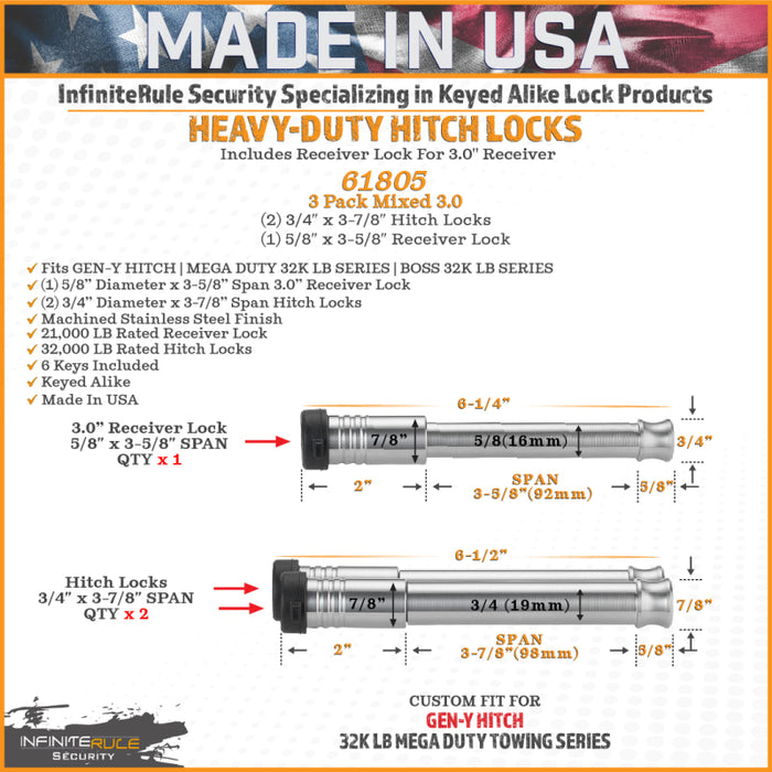 GEN-Y Hitch GH-103913 Gen-Y InfiniteRule (2) 3/4in x 3-7/8in Hitch Locks (1) 5/8in x 3-5/8in 3.0in Receiver Lock w/6 Keys