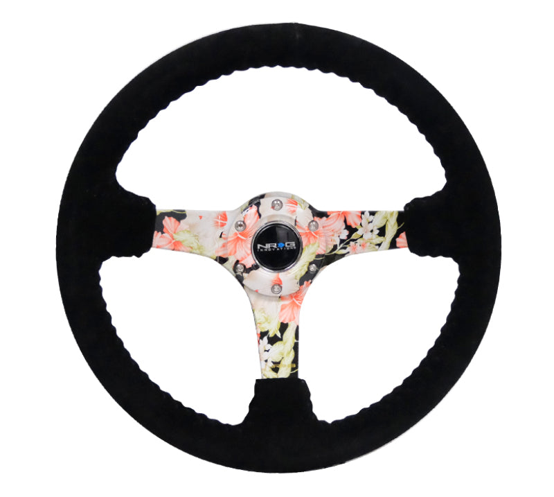 NRG RST-036FL-S Reinforced Steering Wheel (350mm / 3in. Deep) Blk Suede Floral Dipped w/ Blk Baseball Stitch
