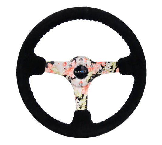 NRG RST-036FL-S Reinforced Steering Wheel (350mm / 3in. Deep) Blk Suede Floral Dipped w/ Blk Baseball Stitch