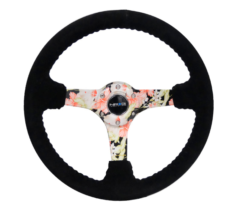 NRG RST-036FL-S Reinforced Steering Wheel (350mm / 3in. Deep) Blk Suede Floral Dipped w/ Blk Baseball Stitch