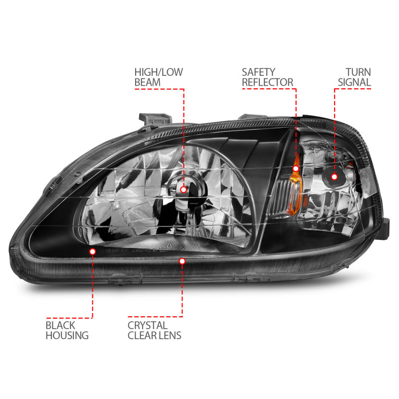 ANZO 121070 1999-2000 Honda Civic Crystal Headlights Black
