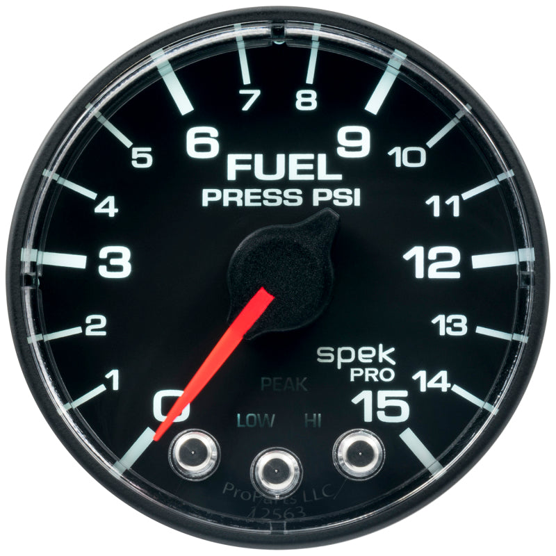 AutoMeter P315328 Autometer Spek-Pro Gauge Fuel Press 2 1/16in 15psi Stepper Motor W/Peak & Warn Blk/Blk