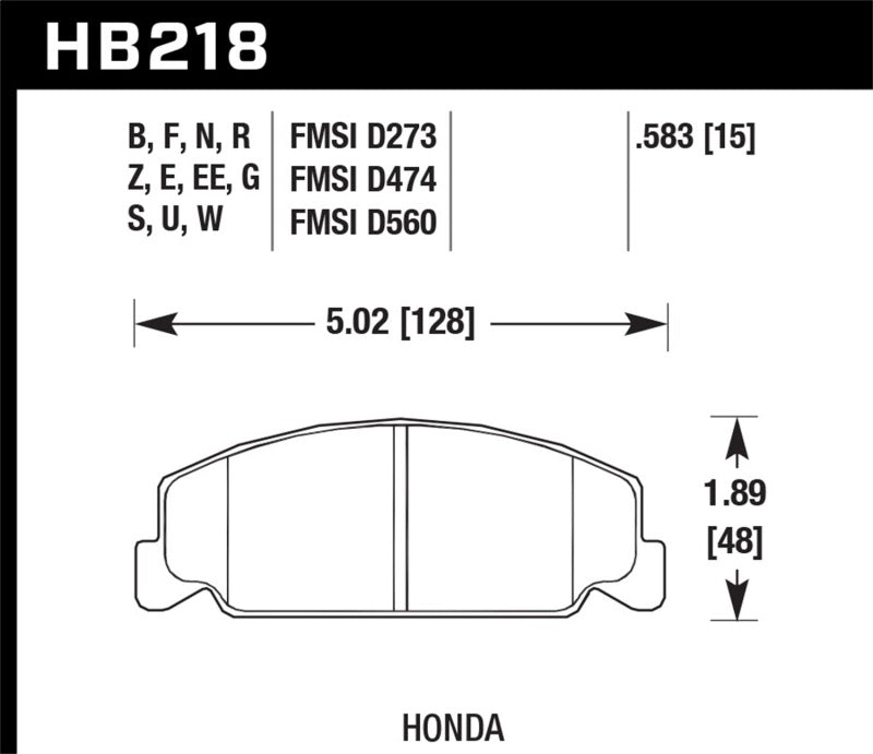Hawk Performance HB218G.583 Hawk 84-85 Honda Accord / 88-00 Civic / 88-91 CRX 15mm DTC-60 Front Race Brake Pads