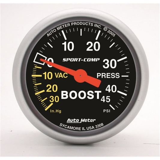 AutoMeter 3308 Autometer Sport-Comp 52mm 45 PSI Mechanical Boost Gauge