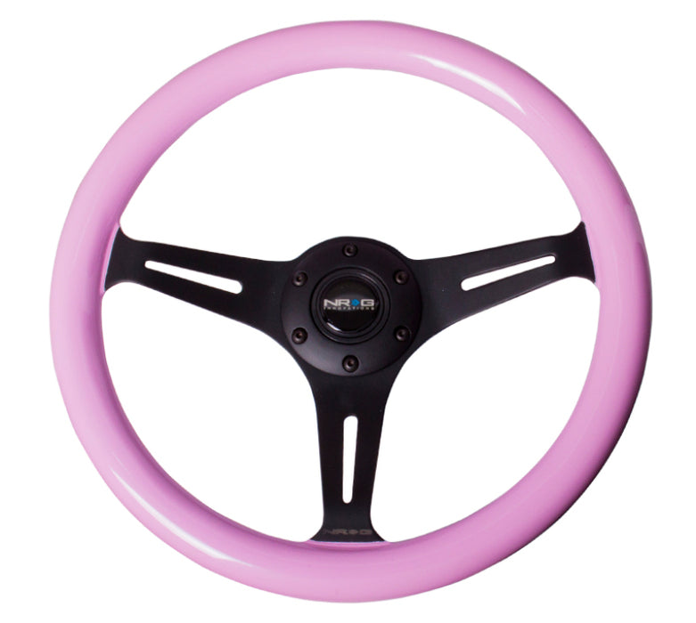NRG ST-015BK-PK Classic Wood Grain Steering Wheel (350mm) Solid Pink Painted Grip w/Black 3-Spoke Center
