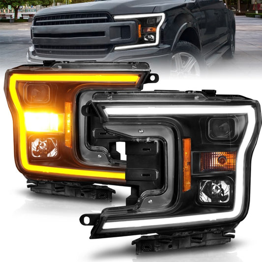 ANZO 111509 2018-2020 Ford F-150 Projector Headlight w/ Plank Style Switchback Black Housing
