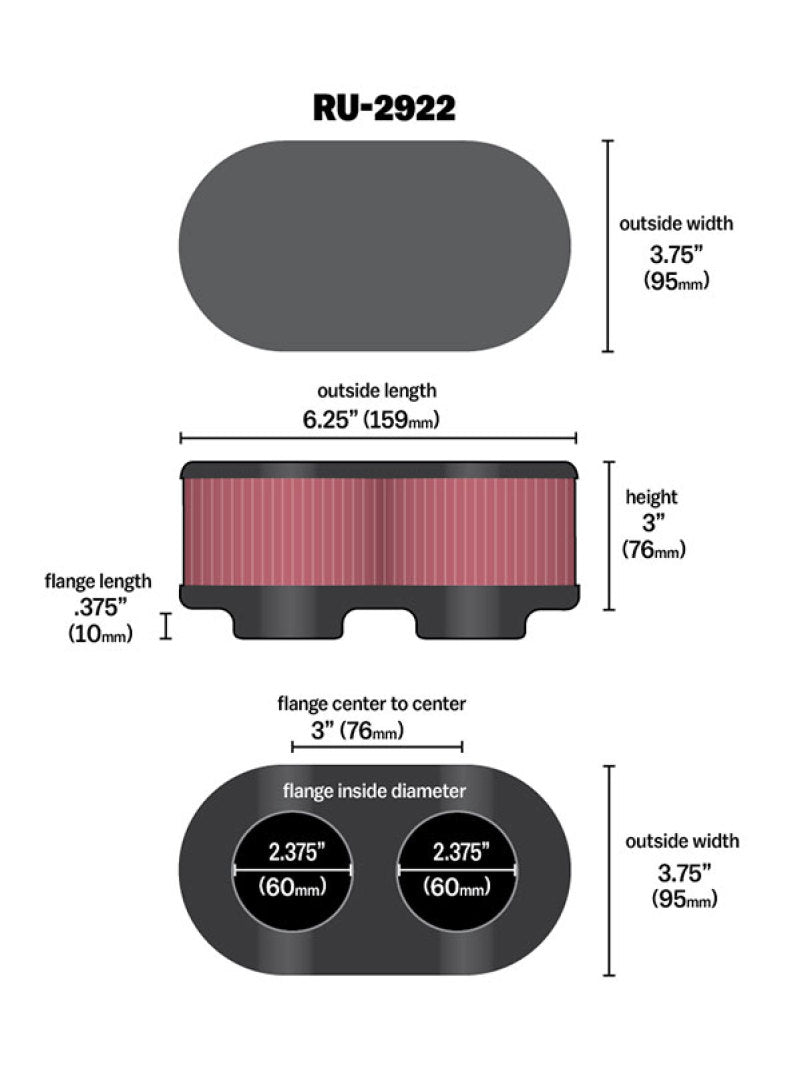 K&N Engineering RU-2922 K&N Filter Universal Filter 2 3/4 inch Dual Flange GSXR Oval (2/Box)
