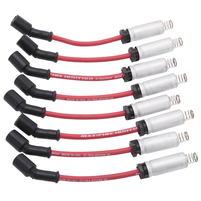 Edelbrock 22715 Spark Plug Wire Set LS Kit w/ Metal Sleeves 99-15 50 Ohm Resistance Red Wire (Set of 8)