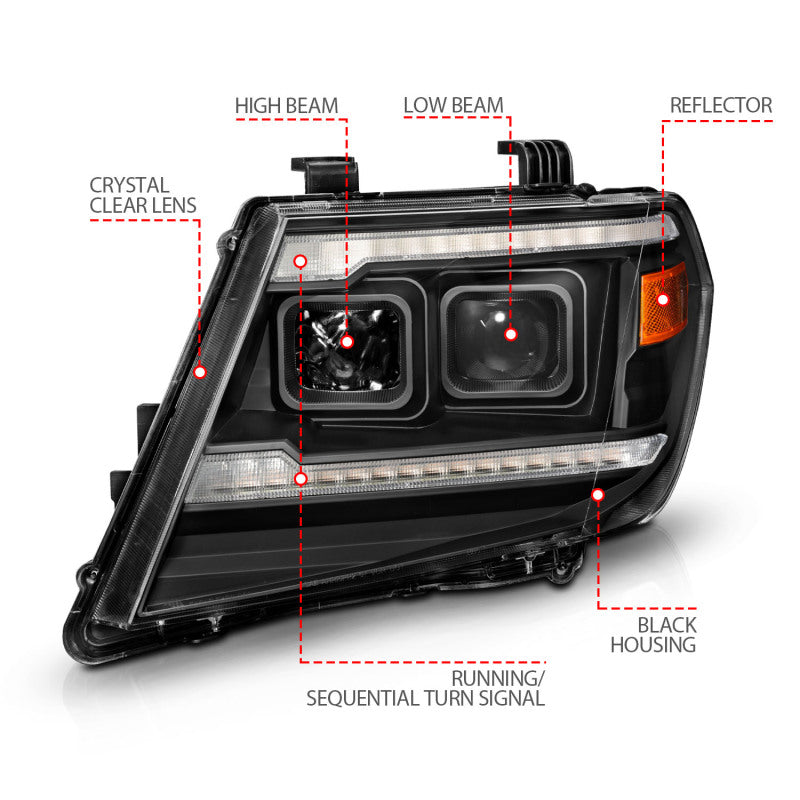 ANZO 111597 09-20 Nissan Frontier Black Projector Plank Style DRL w/ Switchback & Sequential LED DRL