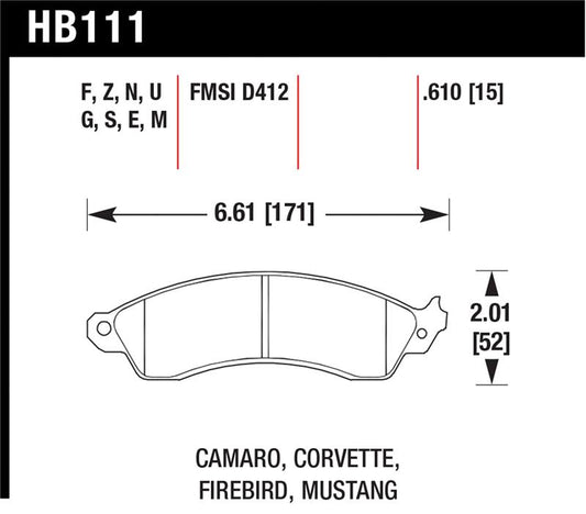 Hawk Performance HB111N.610 Hawk 94-04 Mustang Cobra / 88-95 Corvette 5.7L / 88-92 Camaro w/ Hvy Duty Brakes Front HP+ Street Br