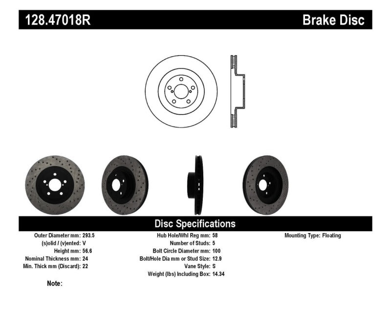 Stoptech 128.47018R StopTech 02-10 WRX Drilled Right Front Rotor