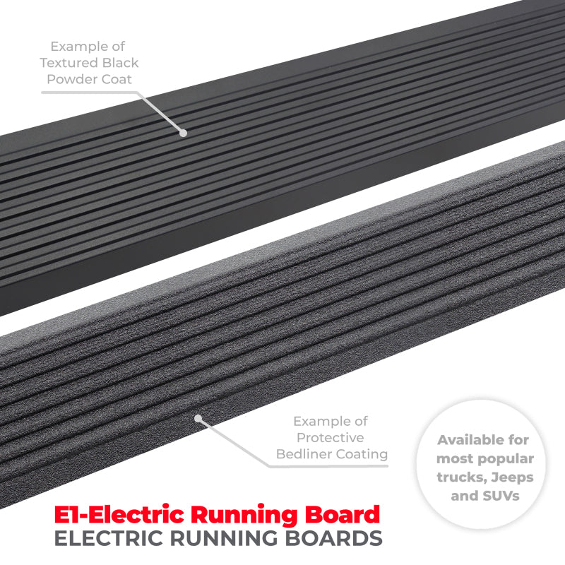 Go Rhino 20436680PC 19-24 RAM 1500 Quad Cab 4dr E1 Electric Running Board Kit (No Drill) - Tex. Blk