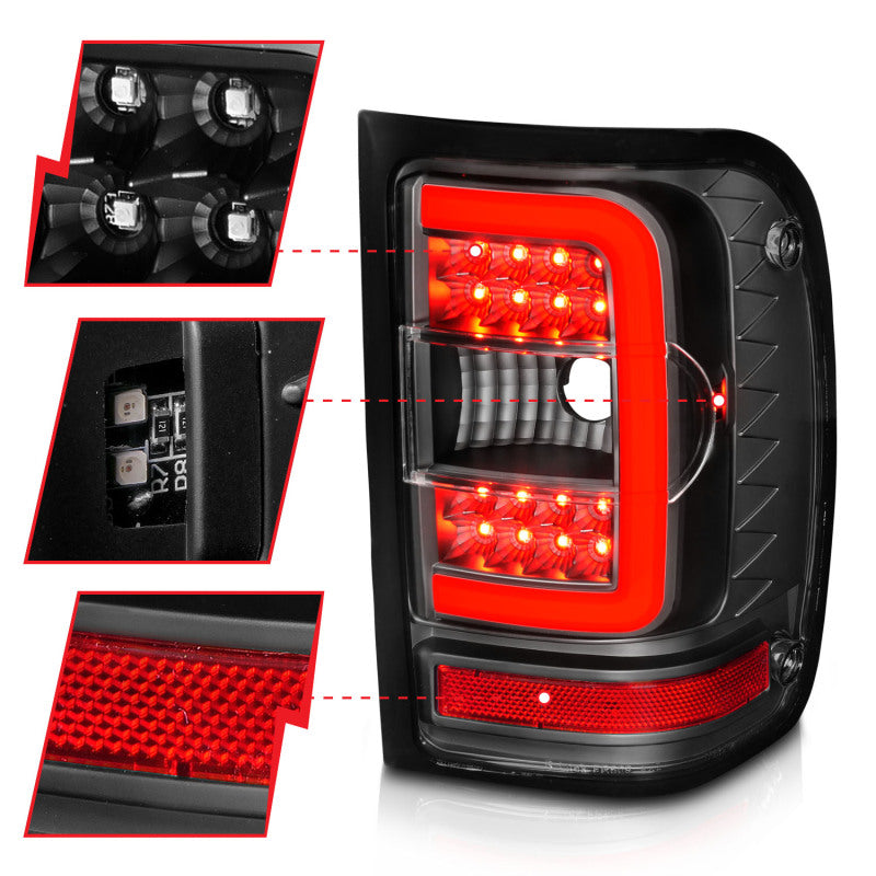 ANZO 311390 2001-2011 Ford Ranger LED Tail Lights w/ Light Bar Black Housing Clear Lens