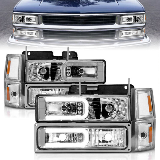 ANZO 111529 88-98 Chevrolet C1500 Crystal Headlights w/Light Bar Chrome Housing w/ Signal Side Markers 8Pcs