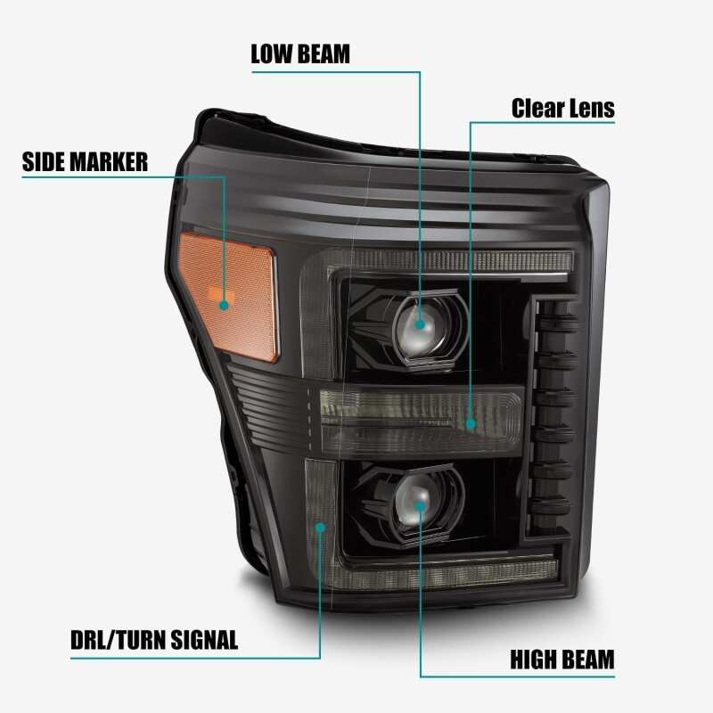 AlphaRex 880143 11-16 Ford F-350 SD LUXX LED Proj Headlights Plank Style Alpha Blk w/Activ Light/Seq Signal