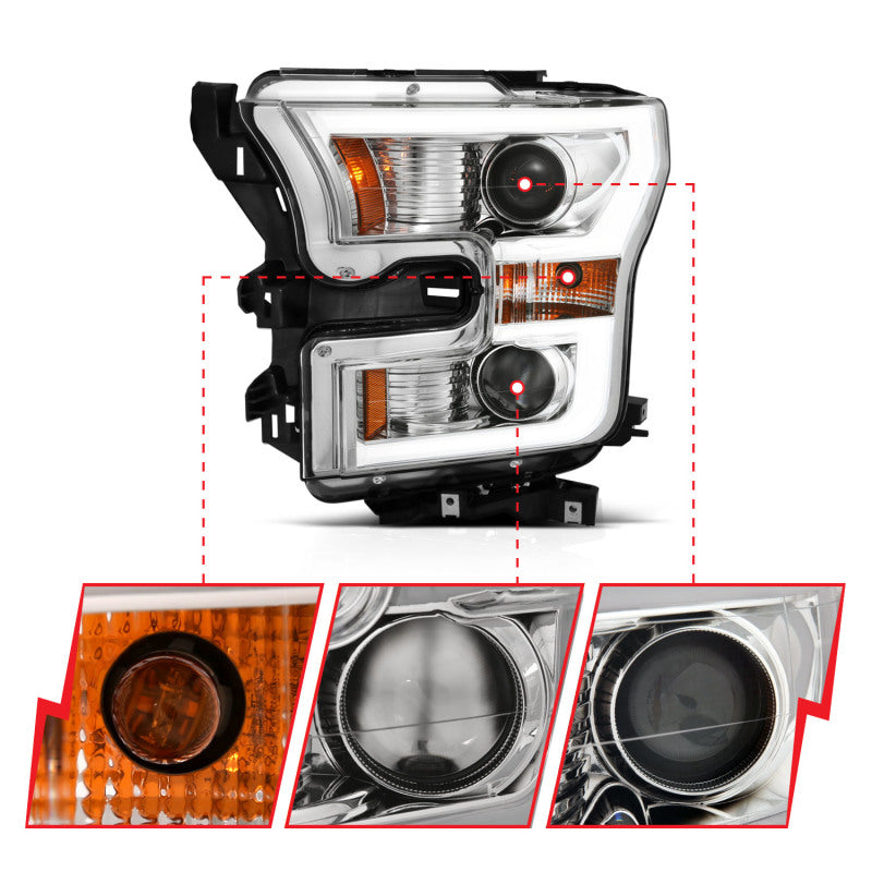 ANZO 111358 2015-2017 Ford F-150 Projector Headlights w/ Plank Style Switchback Chrome w/ Amber