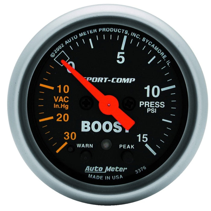 AutoMeter 3376 Autometer Sport-Comp 52mm Electronic Full Sweep 30 In Hg.-Vac./15 PSI Boost Gauge