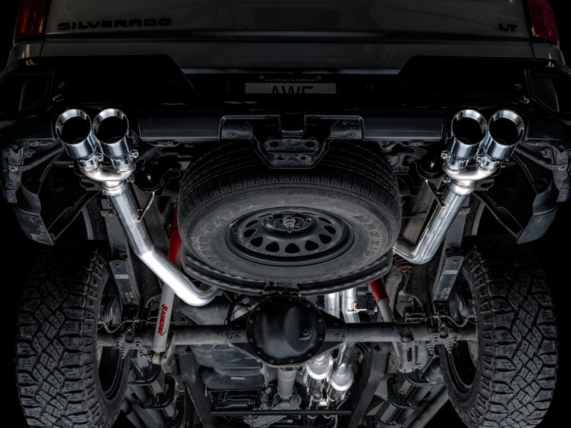 AWE Tuning 3015-42203 4th Gen GM 1500 6.2L 0FG Catback Split Rear Exit (w/ Bumper Cutouts) - Quad Chrome Tips