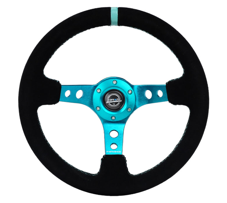 NRG RST-006S-TL Reinforced Steering Wheel (350mm/ 3in. Deep) Black Suede/ Teal Center Mark/ Teal Stitching