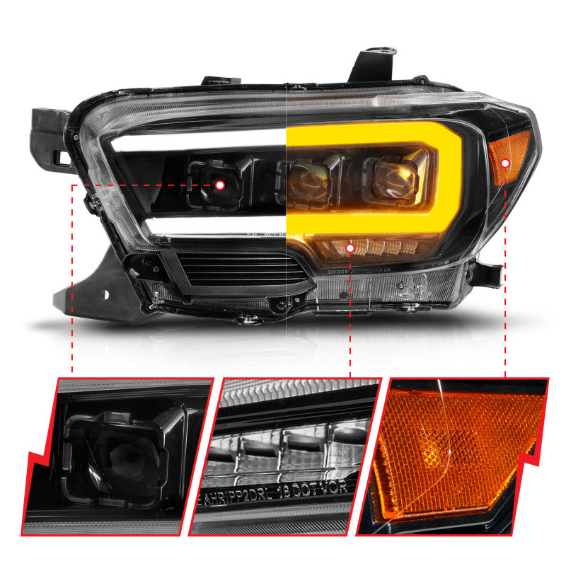 ANZO 111563 16-22 Toyota Tacoma LED Projector Headlights w/ Light Bar Sequential Black Housing w/Initiation
