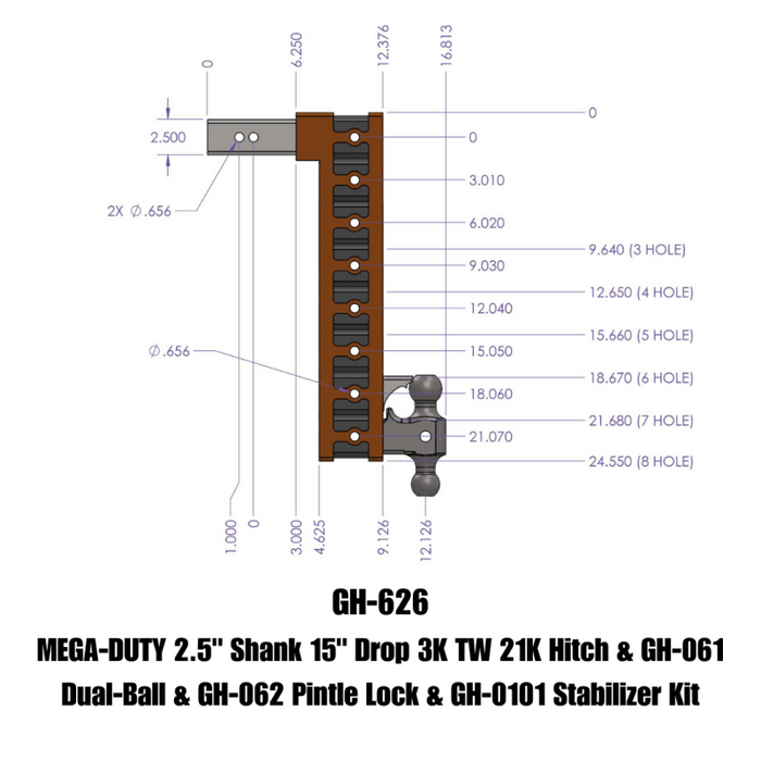 GEN-Y Hitch GH-626 Gen-Y Mega Duty 2.5in Shank 15in Drop 21K Hitch w/Dual-Ball/Pintle Lock/Stabilizer Kit