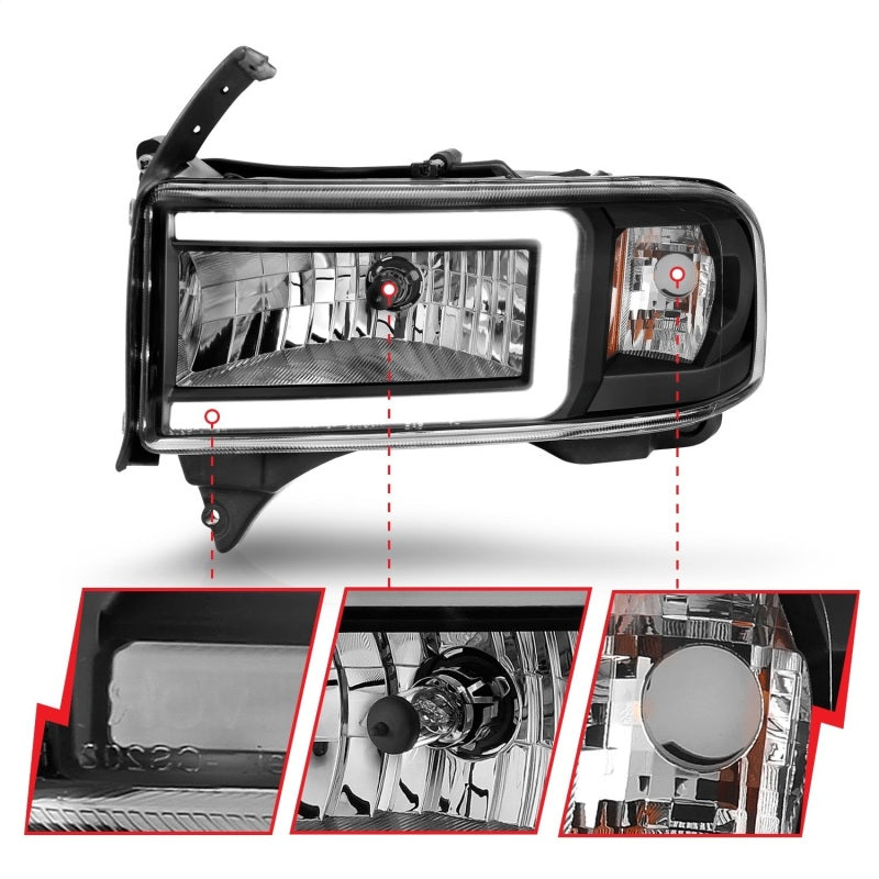 ANZO 111554 94-02 Dodge RAM Crystal Headlight - w/ Light Bar Black Housing