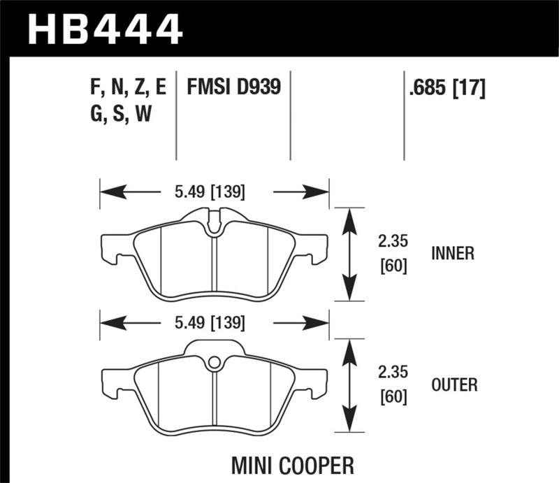 Hawk Performance HB444Z.685 Hawk 02-06 Mini Cooper / Cooper S Performance Ceramic Street Front Brake Pads
