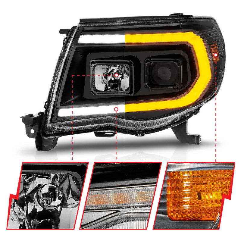 ANZO 111564 05-11 Toyota Tacoma Projector Headlights w/Light Bar Switchback Black Housing