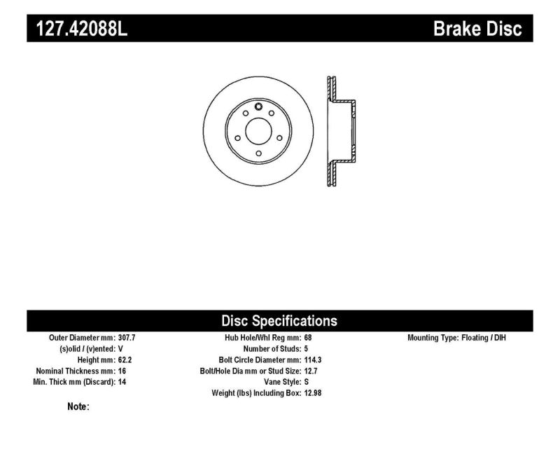 Stoptech 127.42088L StopTech 06-07 350Z / 05-07 G35 / 06-07 G35X SportStop Slotted & Drilled Rear Left Rotor