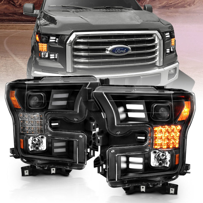 ANZO 111408 15-17 Ford F-150 Project Headlights w/ Plank Style Design Black w/ Amber Sequential Turn Signal