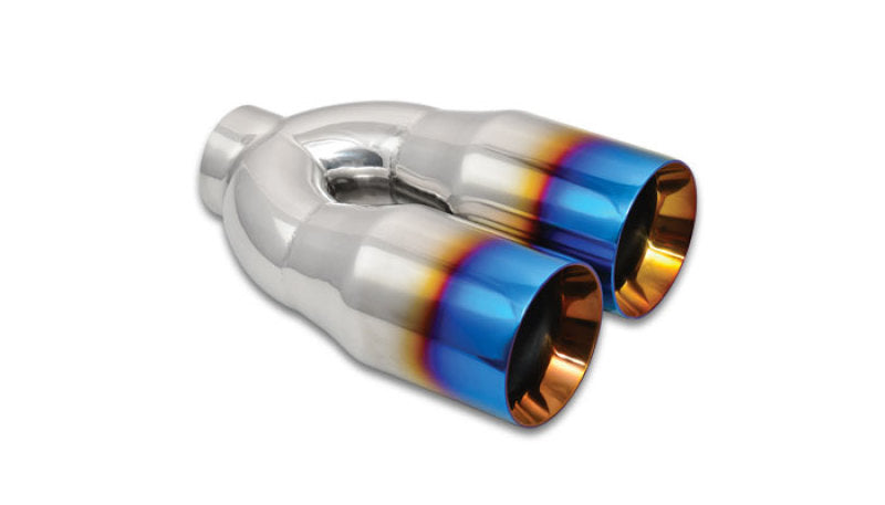 Vibrant 1339B 2.5in ID Dual 3.5in OD Round SS Tips (Double Wall, Straight Cut) with Burnt Blue Finish