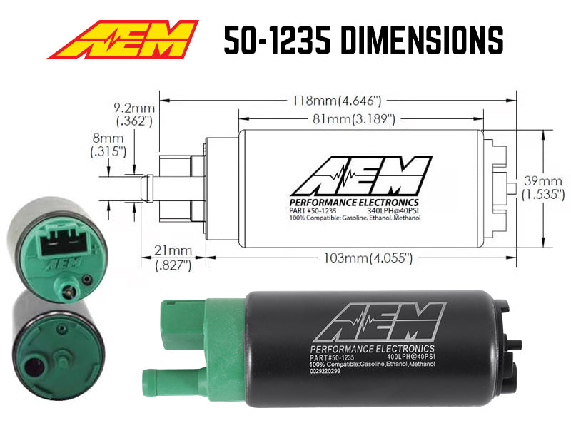 AEM 50-1235 400 LPH E85 Compatible Fuel Pump Kit - Single Barb - Ethanol Compatible