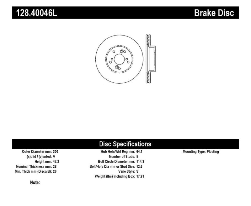 Stoptech 128.40046L StopTech 99-08 Acura TL (STD Caliber) / 01-03 CL / 04-09 TSX Cross Drilled Left Front Rotor