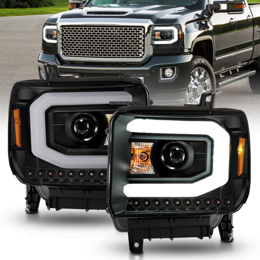 ANZO 111513 2014-2015 GMC Sierra 1500 Projector Headlights w/ Light Bar Black Housing (Halogen Type)
