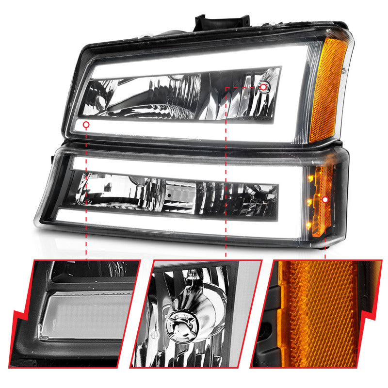ANZO 111501 2003-2006 Chevrolet Silverado 1500 Crystal Headlights w/ Light Bar Black Housing