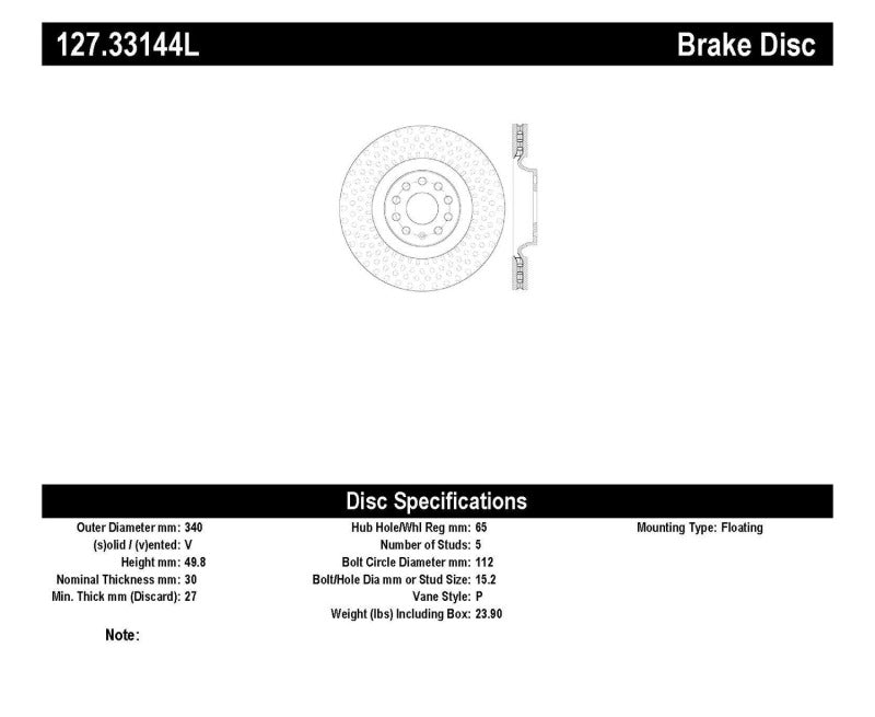 Stoptech 127.33144L StopTech Slotted & Drilled Sport Brake Rotor