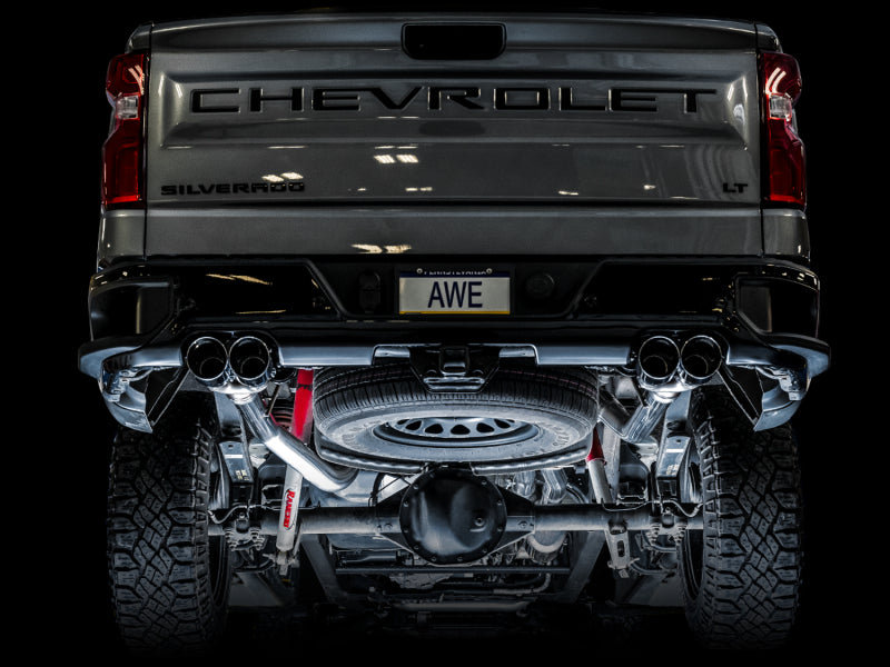 AWE Tuning 3015-42203 4th Gen GM 1500 6.2L 0FG Catback Split Rear Exit (w/ Bumper Cutouts) - Quad Chrome Tips