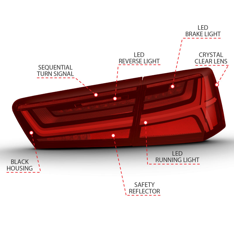 ANZO 321353 2012-2018 Audi A6 LED Taillight Black Housing Red/Clear Lens 4 pcs (Sequential Signal)