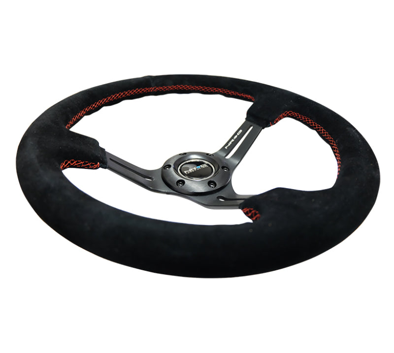 NRG RST-018S-RS Reinforced Steering Wheel (350mm / 3in. Deep) Blk Suede w/Red Stitching & 5mm Spokes w/Slits