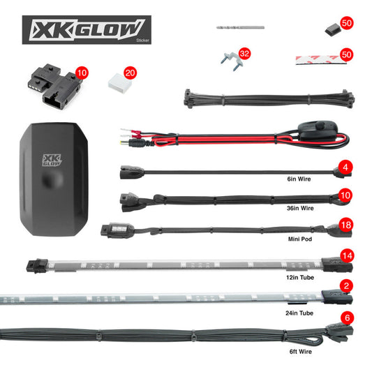 XKGLOW XK-UTV-ADV XK Glow Tube + 18xPods Million Color XKCHROME App Controlled Offroad UTV Kit 2x24In Tube + 14x12In