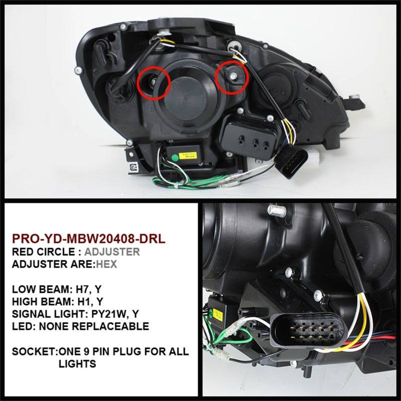 SPYDER 5042262 Spyder Mercedes Benz C-CLASS 08-11 Projector Headlights Halogen - DRL Blk PRO-YD-MBW20408-DRL-BK