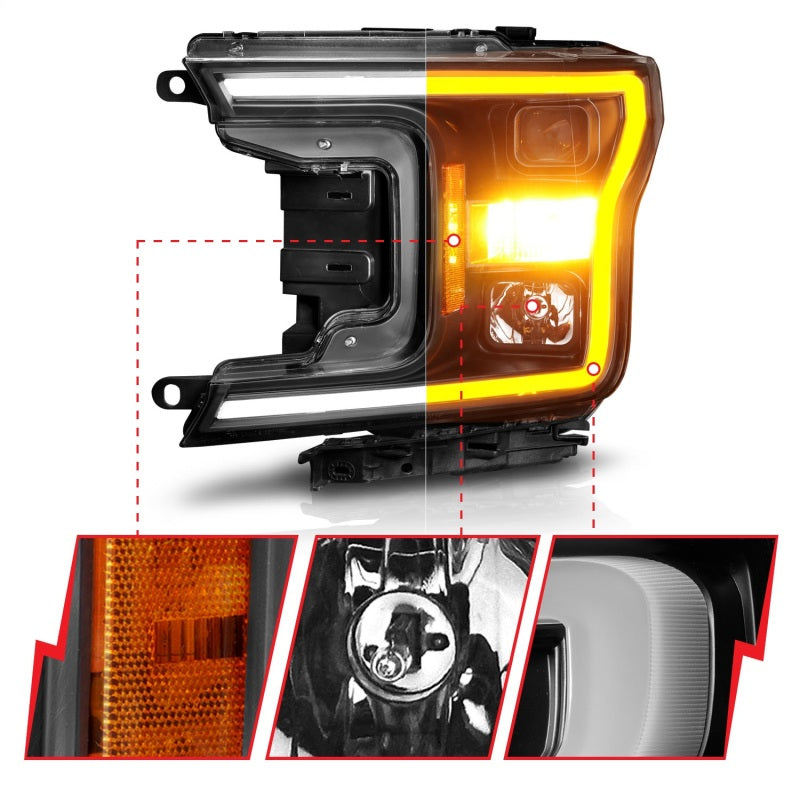 ANZO 111509 2018-2020 Ford F-150 Projector Headlight w/ Plank Style Switchback Black Housing