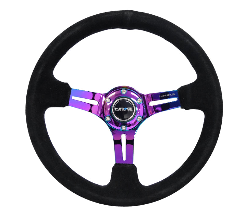 NRG RST-018S-MCBS Reinforced Steering Wheel (350mm / 3in. Deep) Blk Suede/Blk Stitch w/Neochrome Slits
