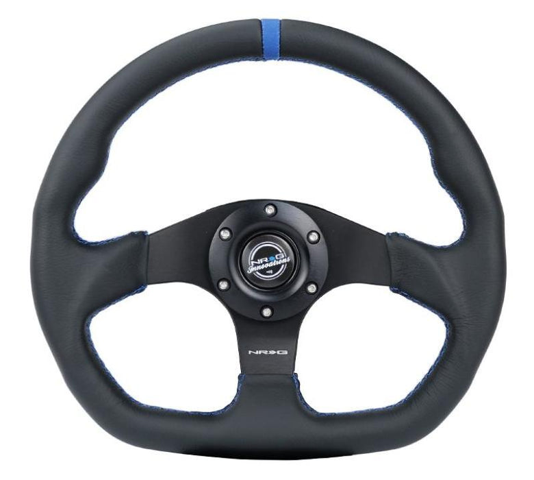 NRG RST-024MB-R-BL Reinforced Steering Wheel (320mm) Sport Leather Flat Bottom w/ Blue Center/ Blue Stitching