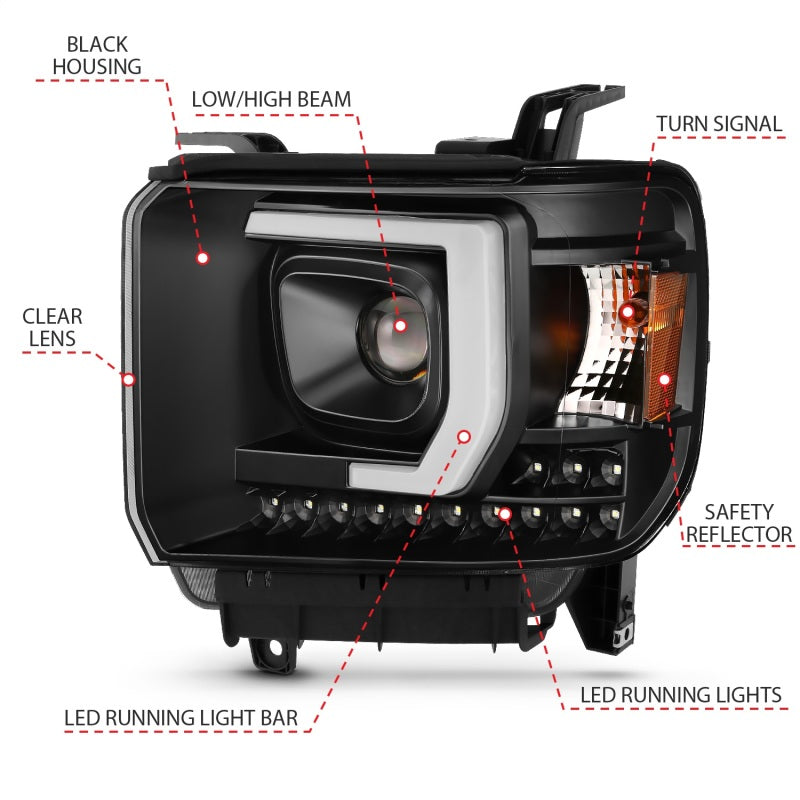 ANZO 111450 2014-2015 GMC Sierra 1500HD Projector Plank Style Headlight Black W/ Drl
