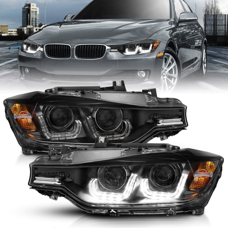 ANZO 121504 2012-2015 BMW 3 Series Projector Headlights w/ U-Bar Black