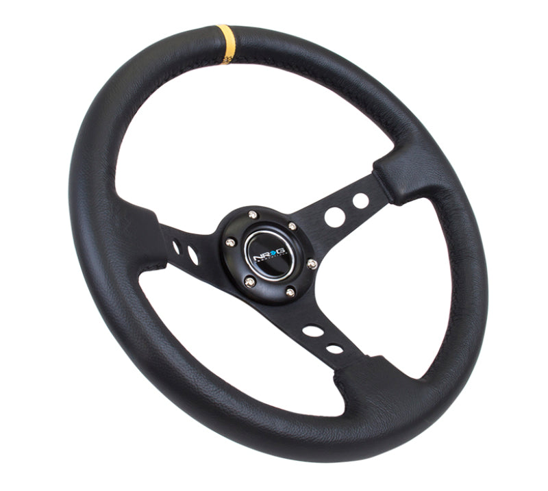 NRG RST-006BK-Y Reinforced Steering Wheel (350mm / 3in. Deep) Blk Leather w/Blk Cutout Spoke/Yellow Center Mark